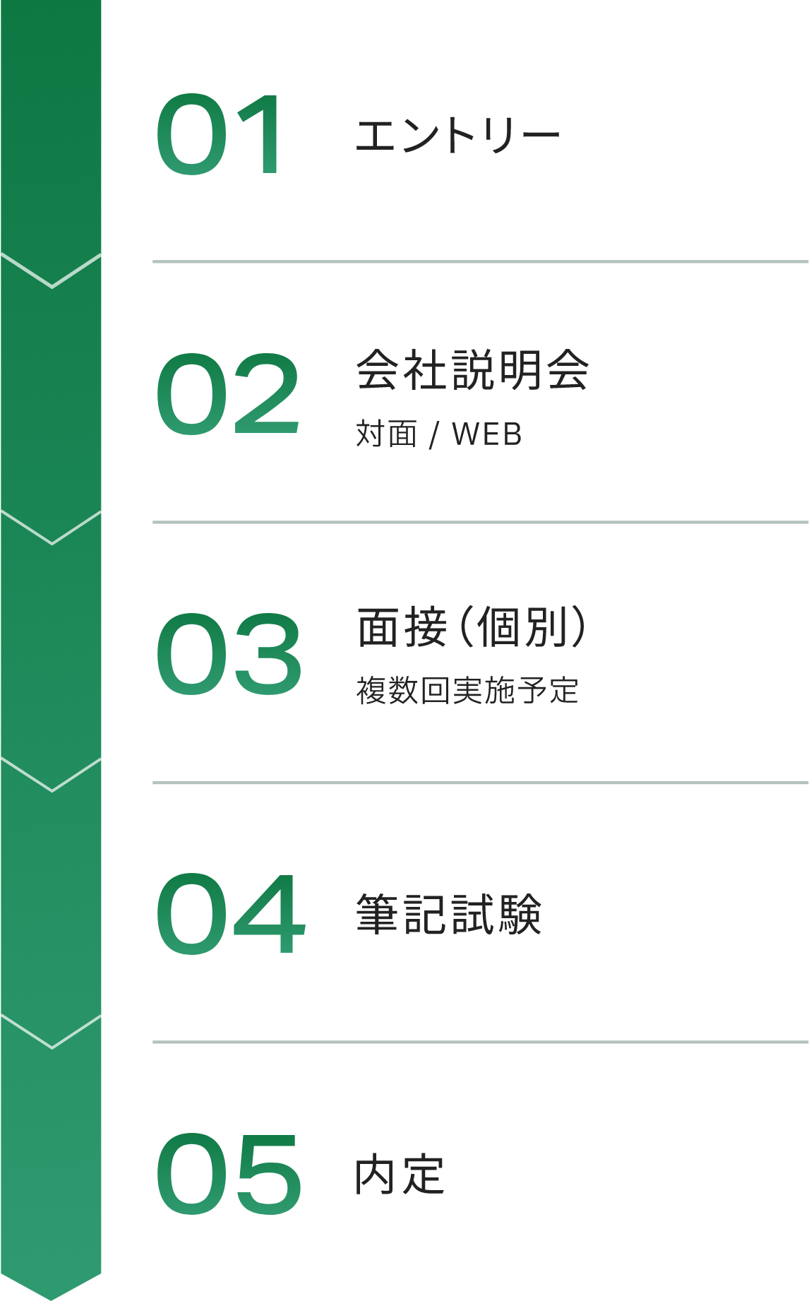 1.エントリー、2.会社説明会、3.面接（個別）、4.筆記試験、5.内々定